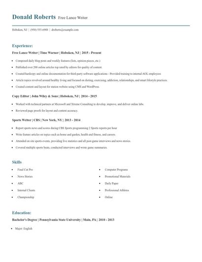 Free Lance Writer Resume