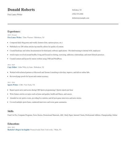 Free Lance Writer Resume