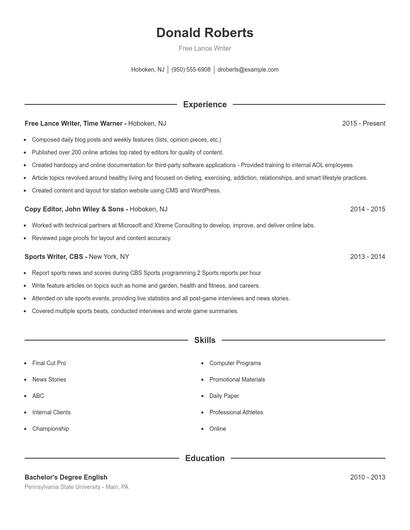 Free Lance Writer Resume