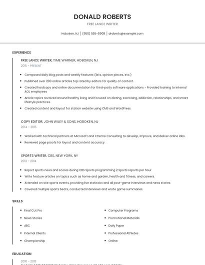 Free Lance Writer Resume
