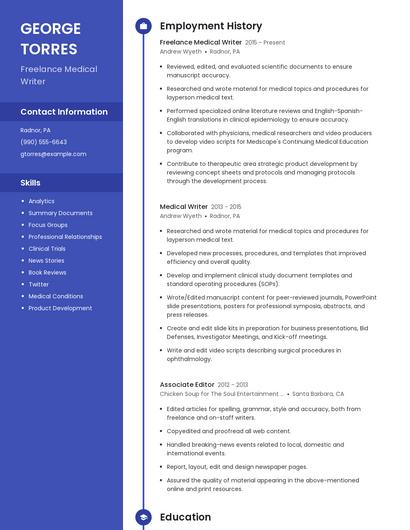 Freelance Medical Writer Resume