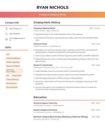 Freelance Medical Writer Resume