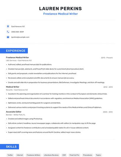 Freelance Medical Writer Resume