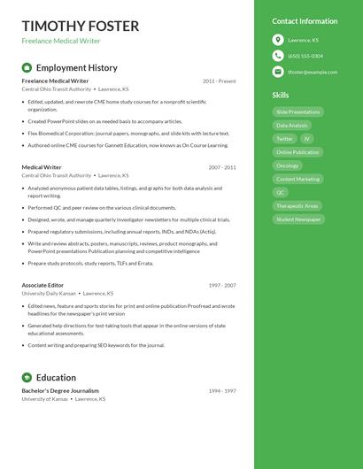 Freelance Medical Writer Resume