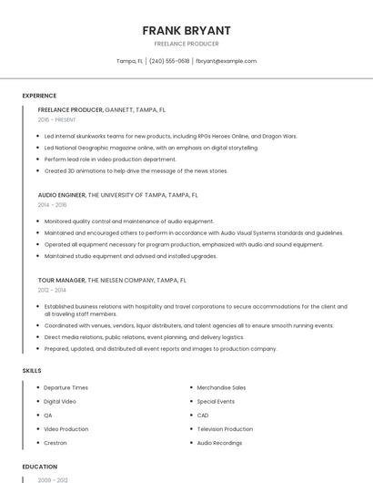 Freelance Producer Resume