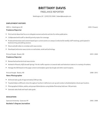 Freelance Reporter Resume