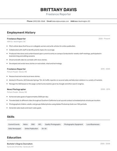 Freelance Reporter Resume