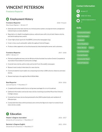 Freelance Reporter Resume