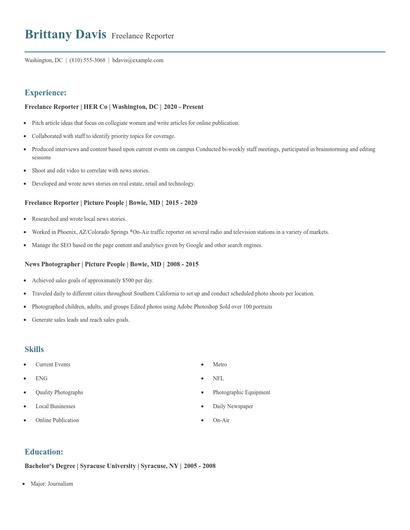 Freelance Reporter Resume