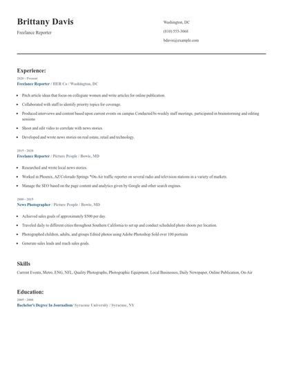 Freelance Reporter Resume