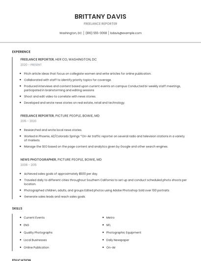 Freelance Reporter Resume