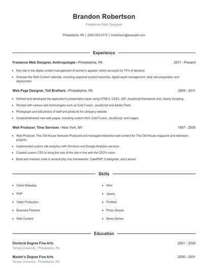 Freelance Web Designer Resume