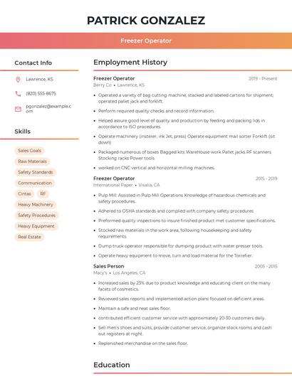 Freezer Operator Resume