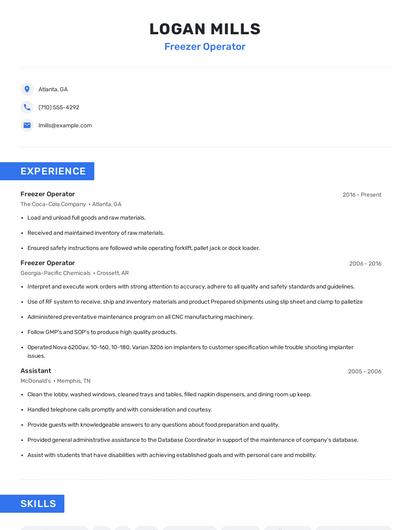 Freezer Operator Resume