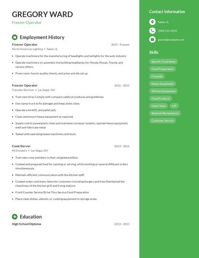 Freezer Operator Resume