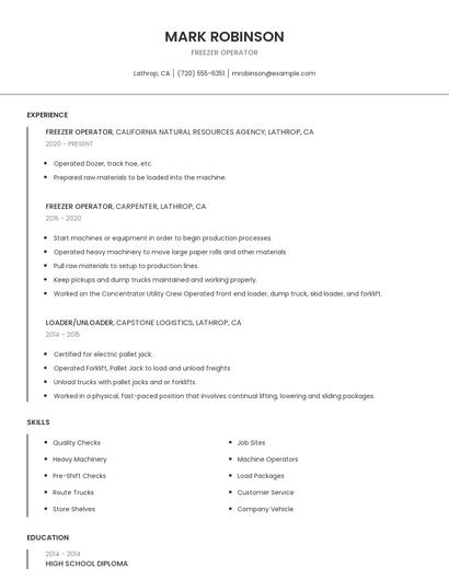 Freezer Operator Resume