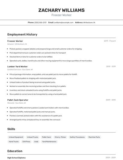Freezer Worker Resume