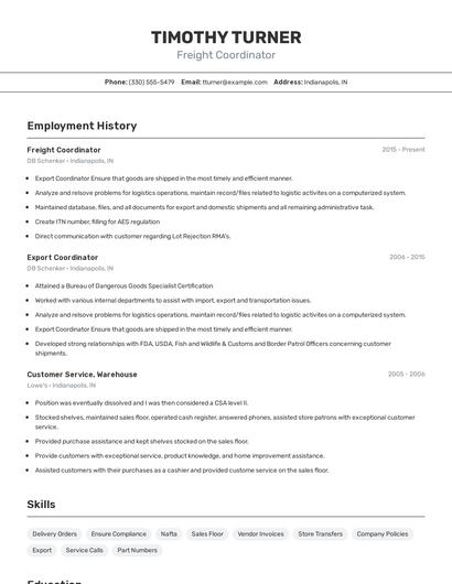 Freight Coordinator Resume