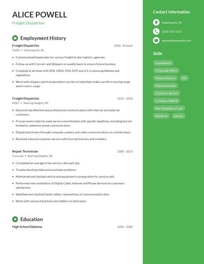 Freight Dispatcher Resume