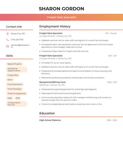 Freight Rate Specialist Resume