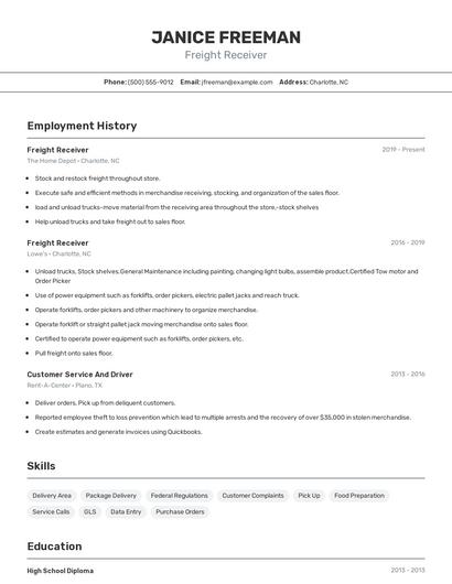 Freight Receiver Resume