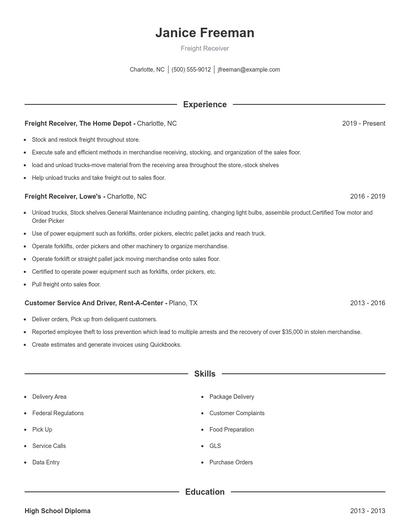 Freight Receiver Resume
