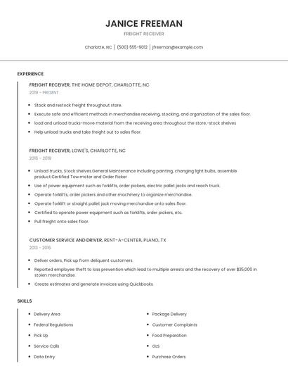 Freight Receiver Resume