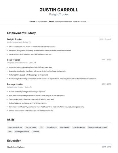 Freight Trucker Resume