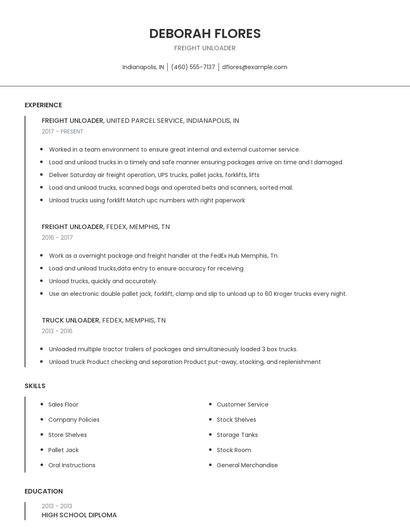 Freight Unloader Resume