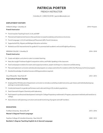 French Instructor Resume