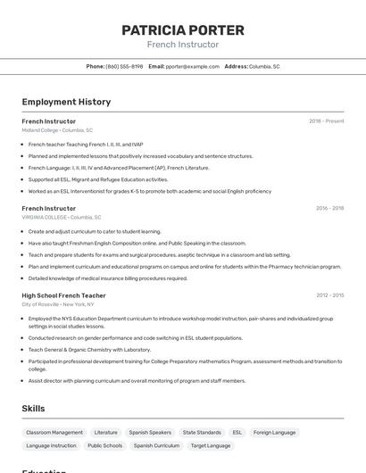 French Instructor Resume