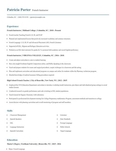 French Instructor Resume