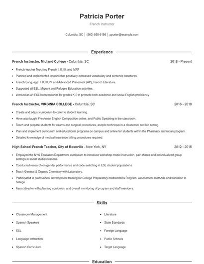 French Instructor Resume