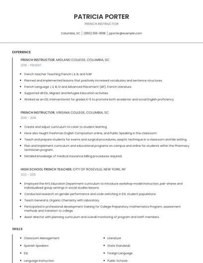 French Instructor Resume