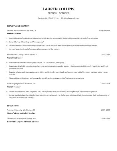French Lecturer Resume