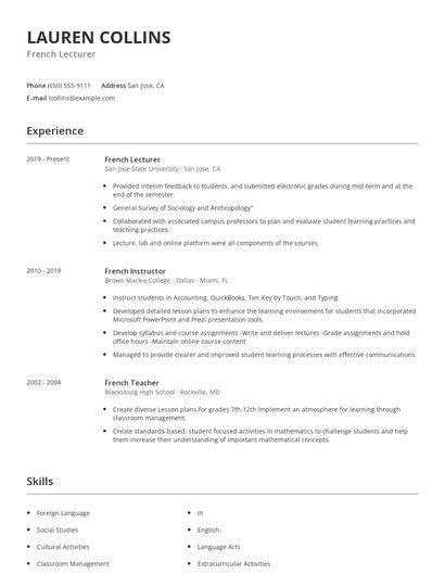 French Lecturer Resume