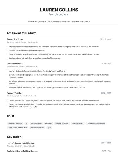 French Lecturer Resume