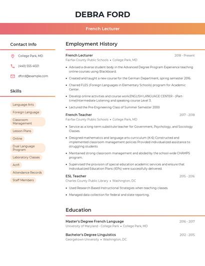 French Lecturer Resume