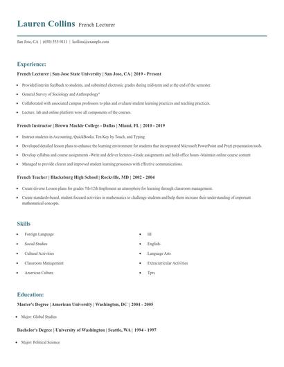 French Lecturer Resume