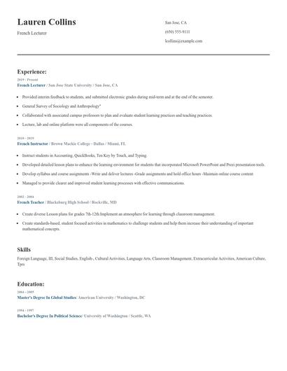 French Lecturer Resume