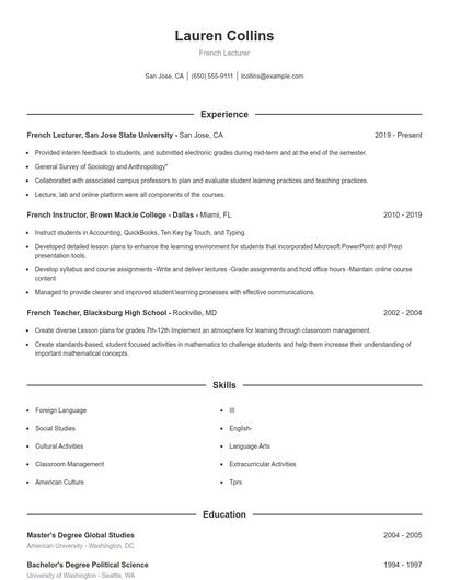 French Lecturer Resume