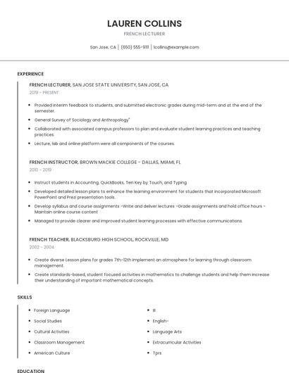 French Lecturer Resume