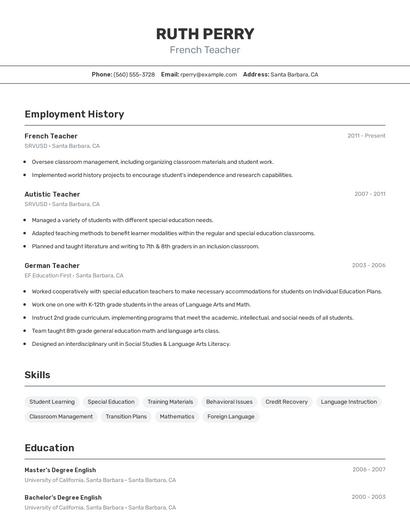 French Teacher Resume