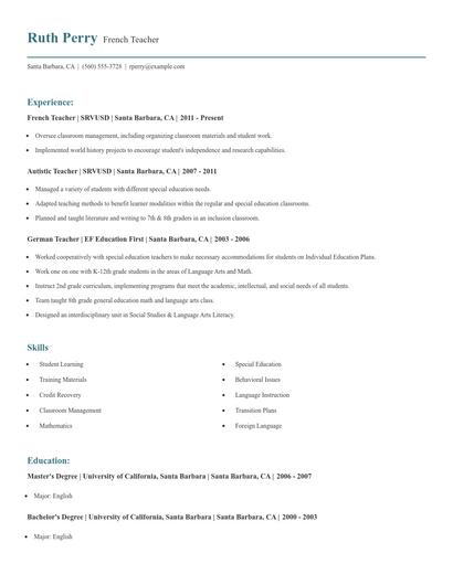 French Teacher Resume