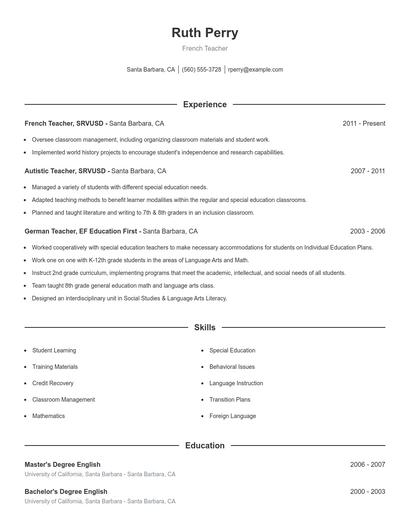 French Teacher Resume