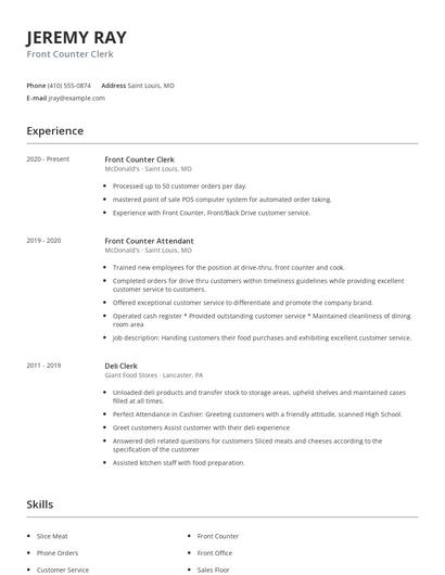 Front Counter Clerk Resume