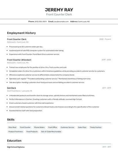 Front Counter Clerk Resume