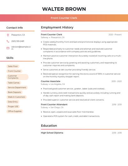 Front Counter Clerk Resume