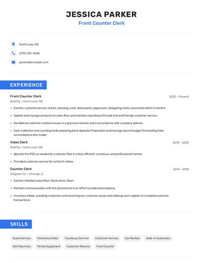 Front Counter Clerk Resume