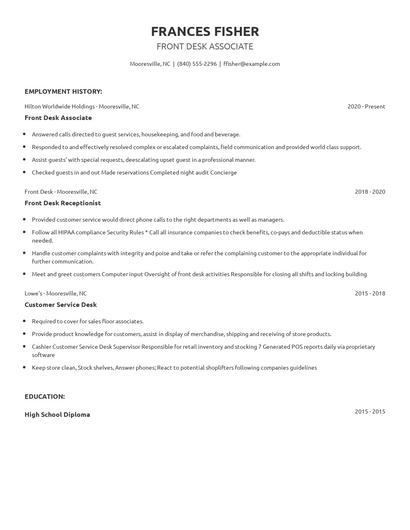 Front Desk Associate Resume